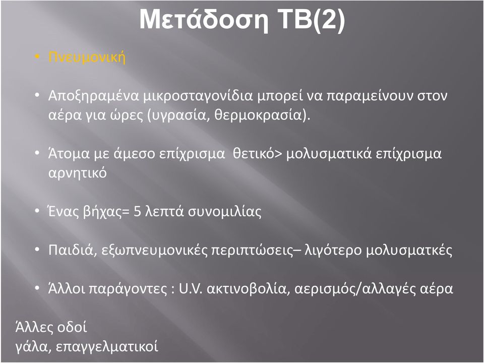 Άτομα με άμεσο επίχρισμα θετικό> μολυσματικά επίχρισμα αρνητικό Ένας βήχας= 5 λεπτά