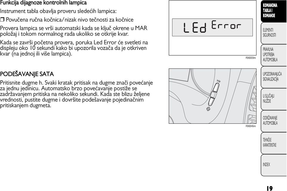 Kada se završi početna provera, poruka Led Error će svetleti na displeju oko 10 sekundi kako bi upozorila vozača da je otkriven kvar (na jednoj ili više lampica).