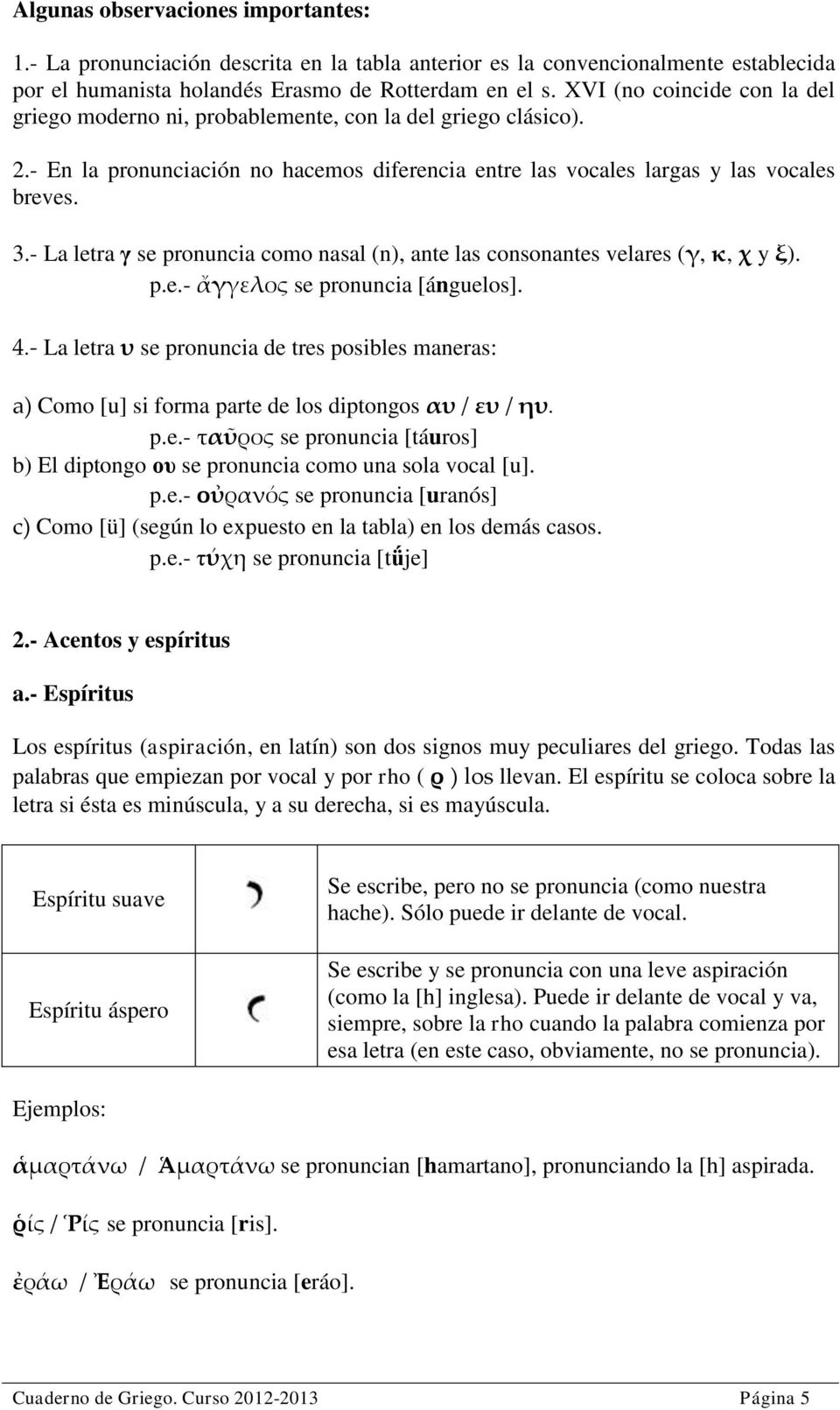 - La letra γ se pronuncia como nasal (n), ante las consonantes velares (γ, κ, χ y ξ). p.e.- ἄγγελος se pronuncia [ánguelos]. 4.