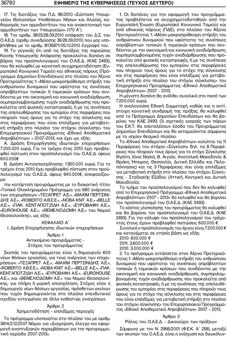 Την αριθμ. 3803/28.09.2010 απόφαση του Δ.Σ. του Ο.Α.Ε.Δ. (αριθμ. συνεδρίασης 36/28.09.2010) που μας υπο βλήθηκε με το αριθμ. Β135871/05.10.2010 έγγραφό του. 19.