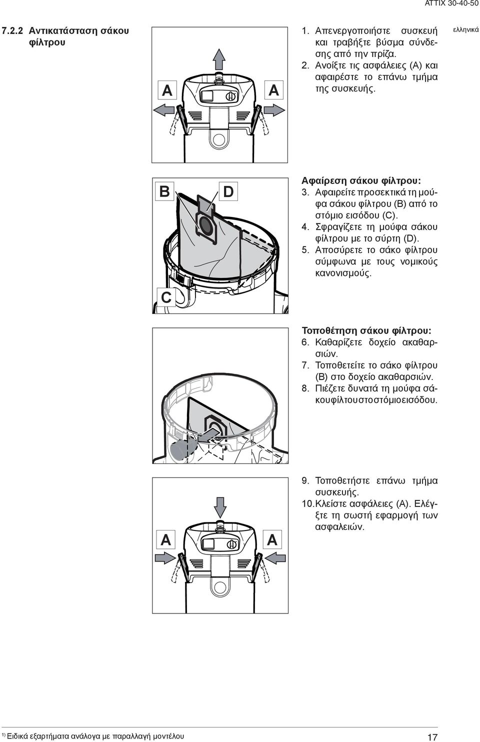 Αφαιρείτε προσεκτικά τη μούφα σάκου φίλτρου (B) από το στόμιο εισόδου (C). 4. Σφραγίζετε τη μούφα σάκου φίλτρου με το σύρτη (D). 5.