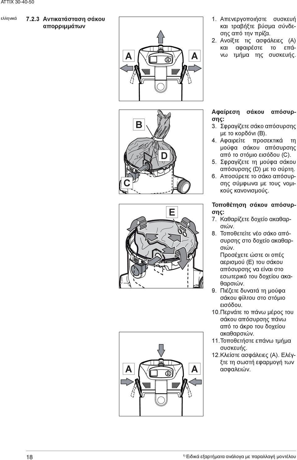 Σφραγίζετε τη μούφα σάκου απόσυρσης (D) με το σύρτη. 6. Αποσύρετε το σάκο απόσυρσης σύμφωνα με τους νομικούς κανονισμούς. E Τοποθέτηση σάκου απόσυρσης: 7. Καθαρίζετε δοχείο ακαθαρσιών. 8.