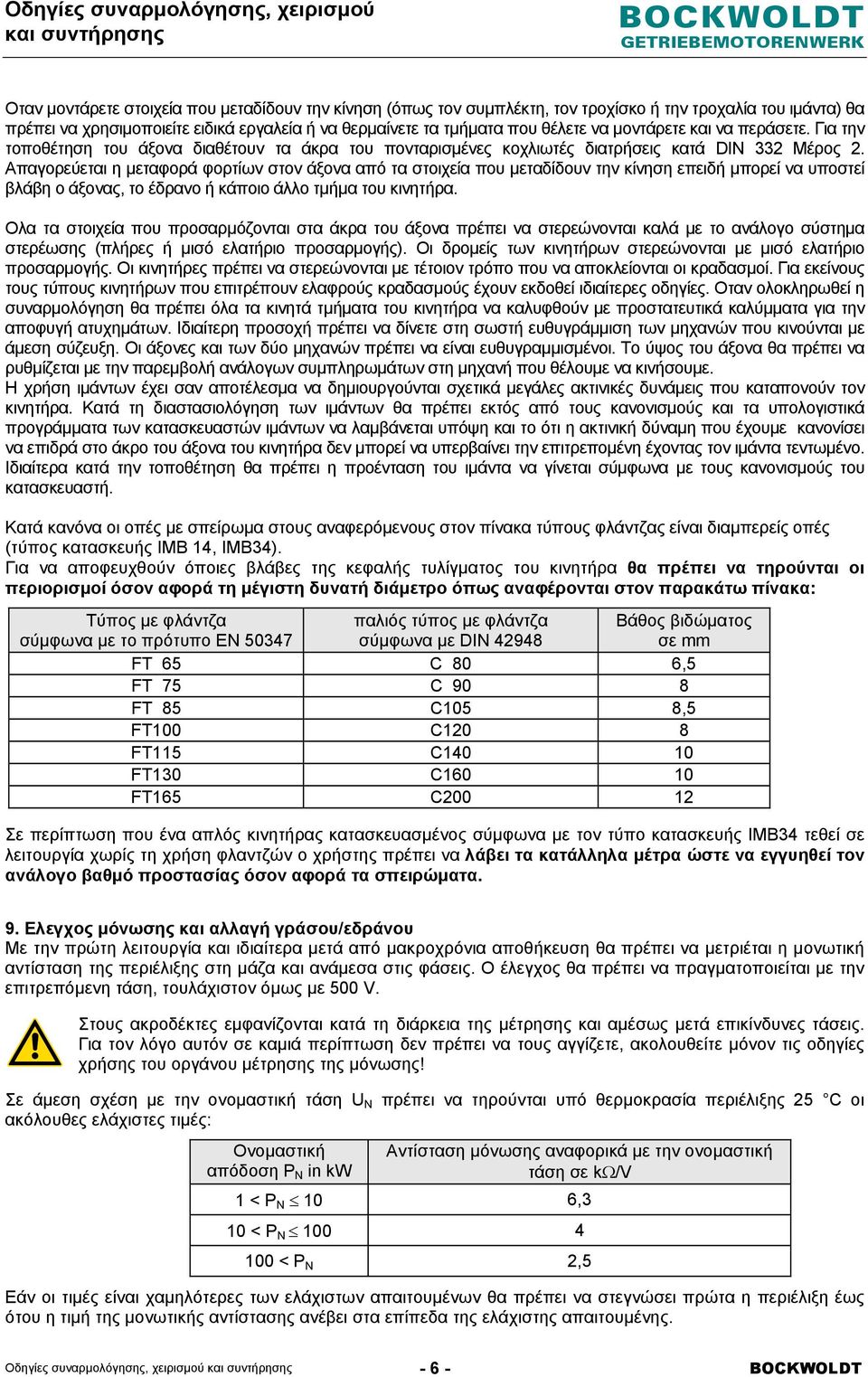 Απαγορεύεται η μεταφορά φορτίων στον άξονα από τα στοιχεία που μεταδίδουν την κίνηση επειδή μπορεί να υποστεί βλάβη ο άξονας, το έδρανο ή κάποιο άλλο τμήμα του κινητήρα.