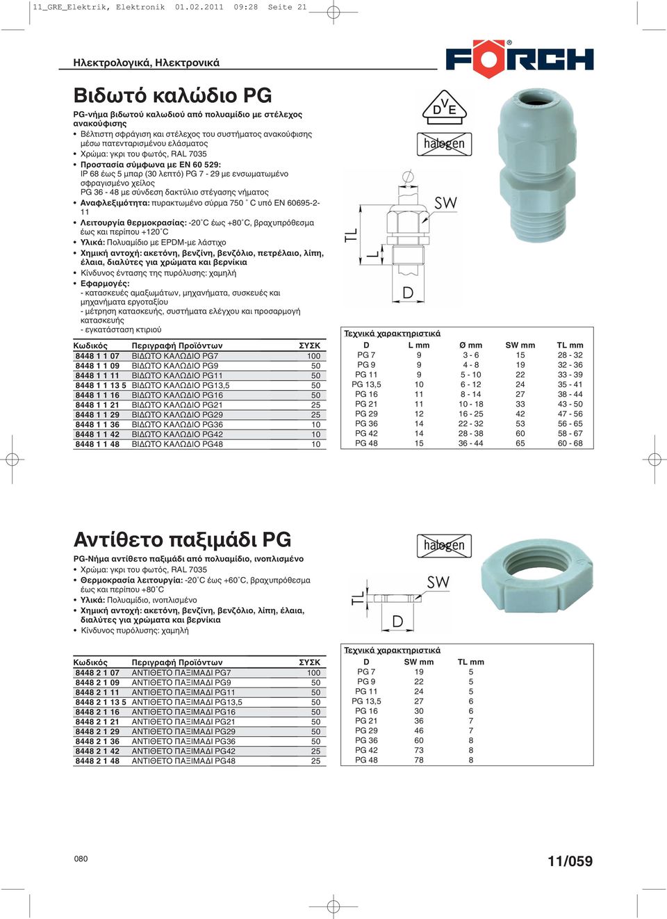 του φωτός, RAL 7035 Προστασία σύµφωνα µε EN 60 529: IP 68 έως 5 µπαρ (30 λεπτό) PG 7-29 µε ενσωµατωµένο σφραγισµένο χείλος PG 36-48 µε σύνδεση δακτύλιο στέγασης νήµατος Αναφλεξιµότητα: πυρακτωµένο