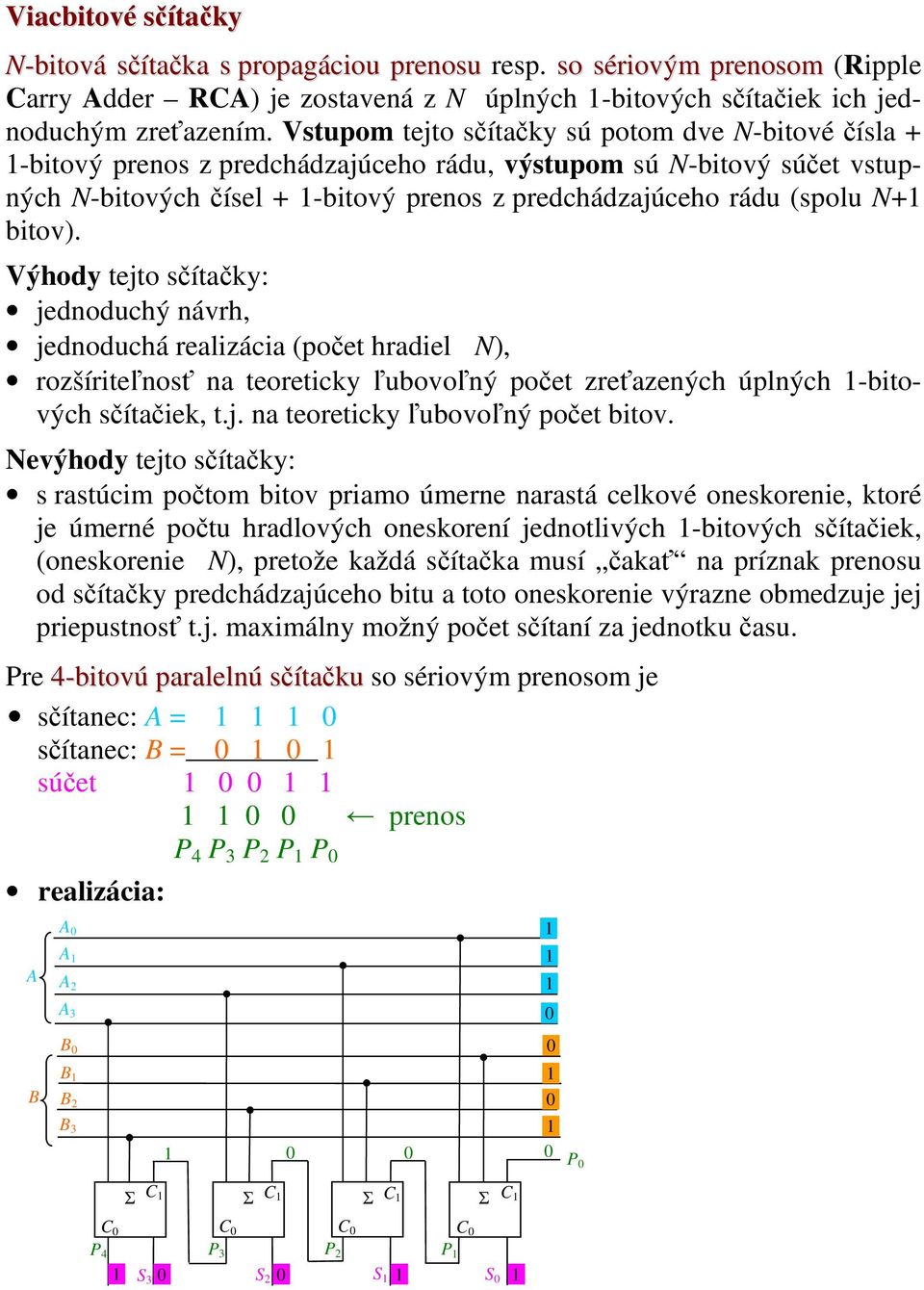 bitov). Výhody tejto sčítačky: jednoduchý návrh, jednoduchá realizácia (počet hradiel N), rozšíriteľnosť na teoreticky ľubovoľný počet zreťazených úplných -bitových sčítačiek, t.j. na teoreticky ľubovoľný počet bitov.