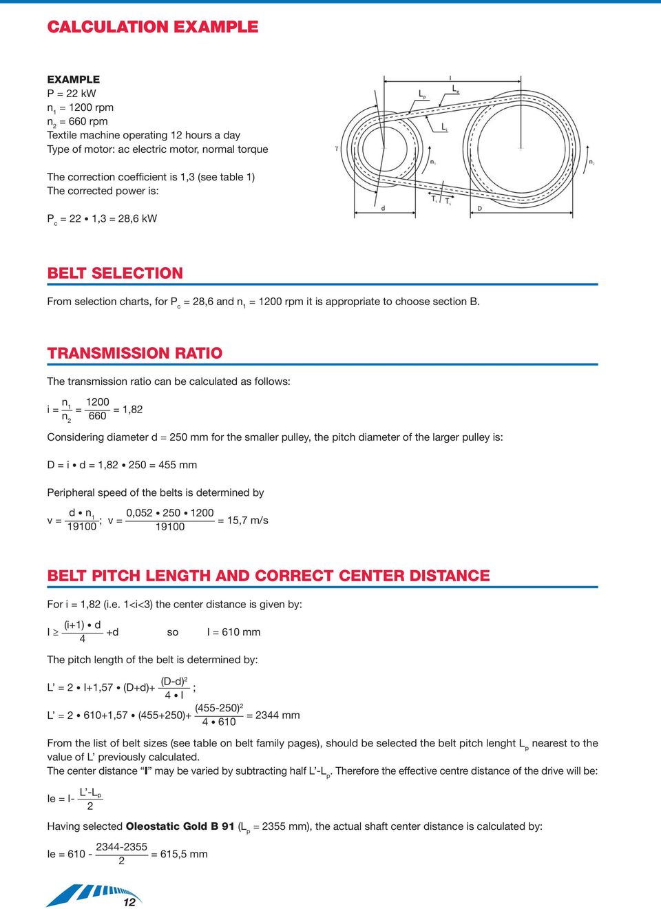 TRANSMISSION RATIO The transmission ratio can be calculated as follows: i = n 1 = 1200 n 2 660 = 1,82 Considering diameter d = 250 mm for the smaller pulley, the pitch diameter of the larger pulley
