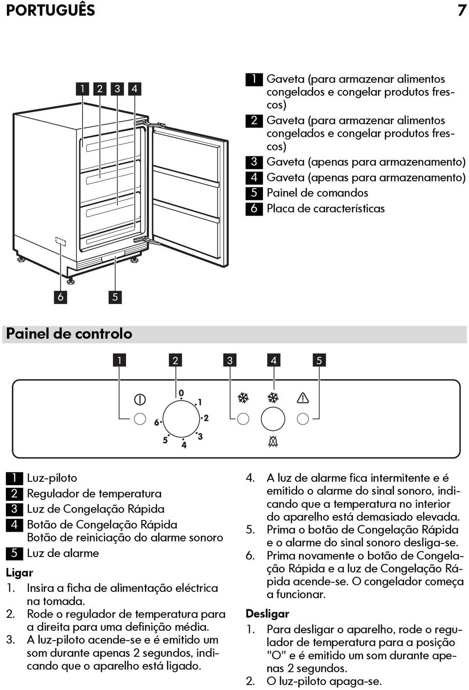 4 Botão de Congelação Rápida Botão de reiniciação do alarme sonoro 5 Luz de alarme Ligar 1. Insira a ficha de alimentação eléctrica na tomada. 2.