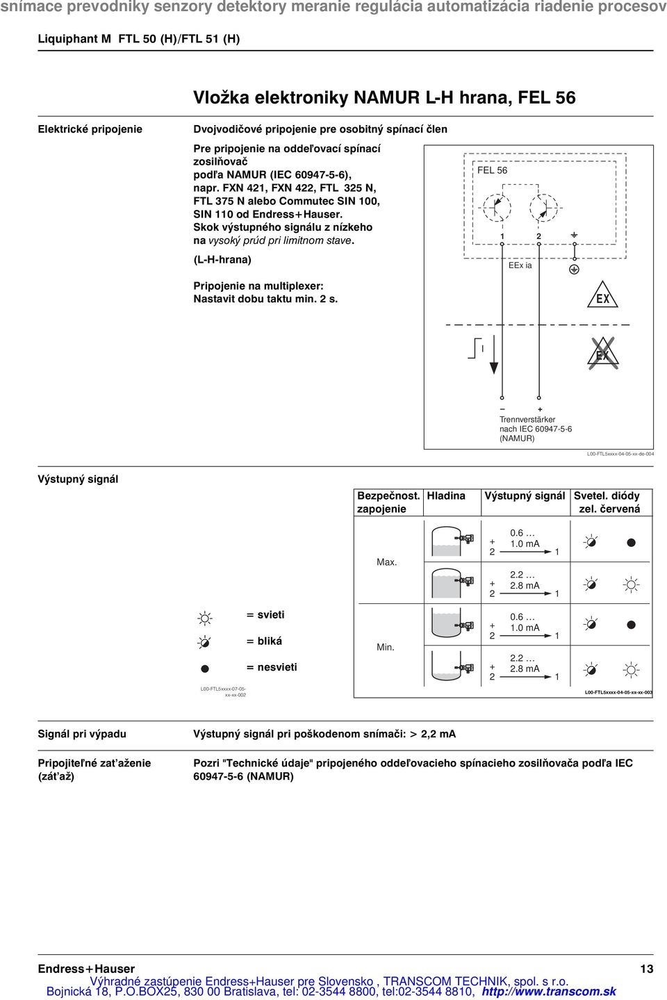 (L-H-hrana) FEL 56 1 2 EEx ia Pripojenie na multiplexer: Nastavit dobu taktu min. 2 s. EX I EX + Trennverstärker nach IEC 60947-5-6 (NAMUR) L00-FTL5xxxx-04-05-xx-de-004 Výstupný signál Bezpečnost.