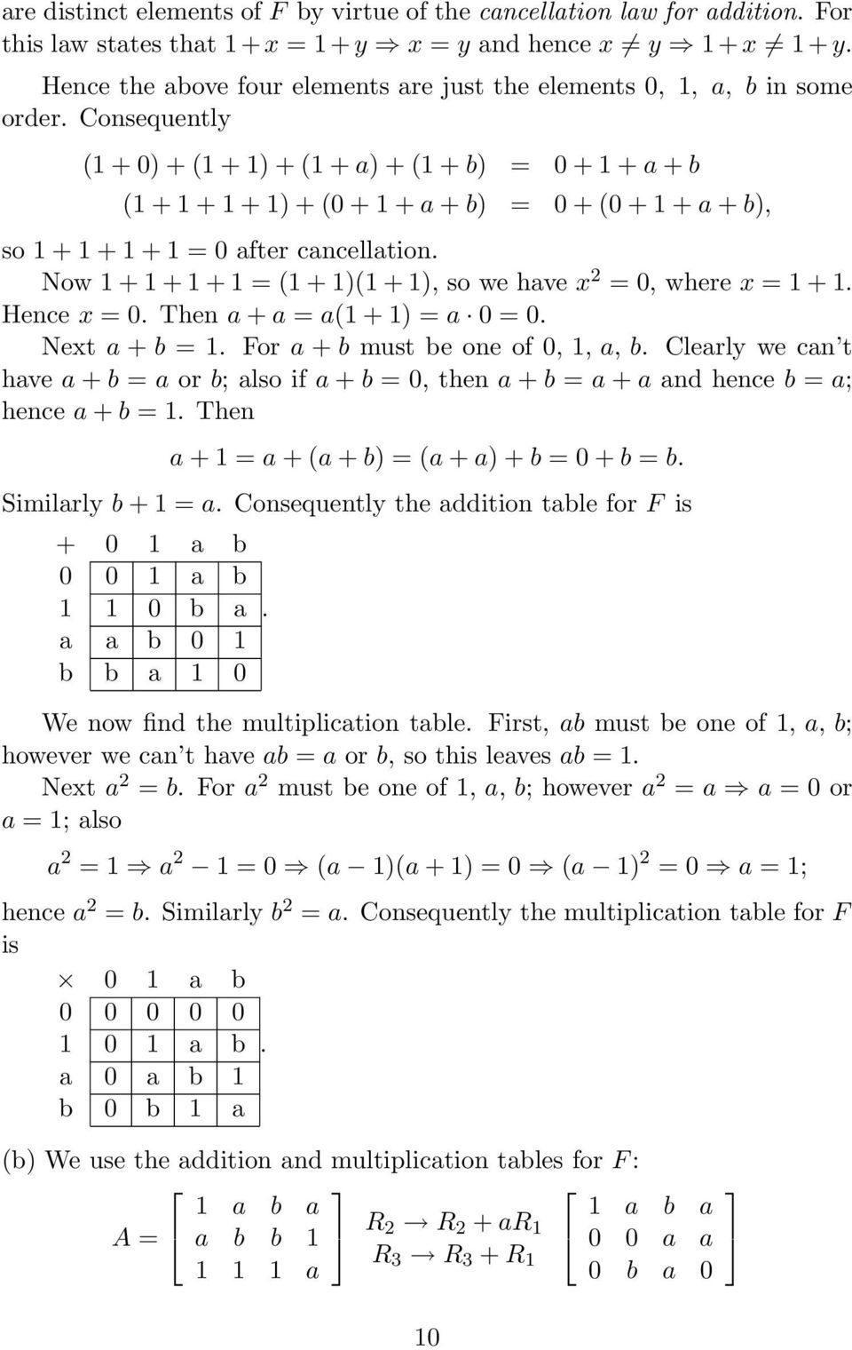 Then a + a a( + ) a 0 0 Next a + b For a + b must be one of 0,, a, b Clearly we can t have a + b a or b; also if a + b 0, then a + b a + a and hence b a; hence a + b Then a + a + (a + b) (a + a) + b