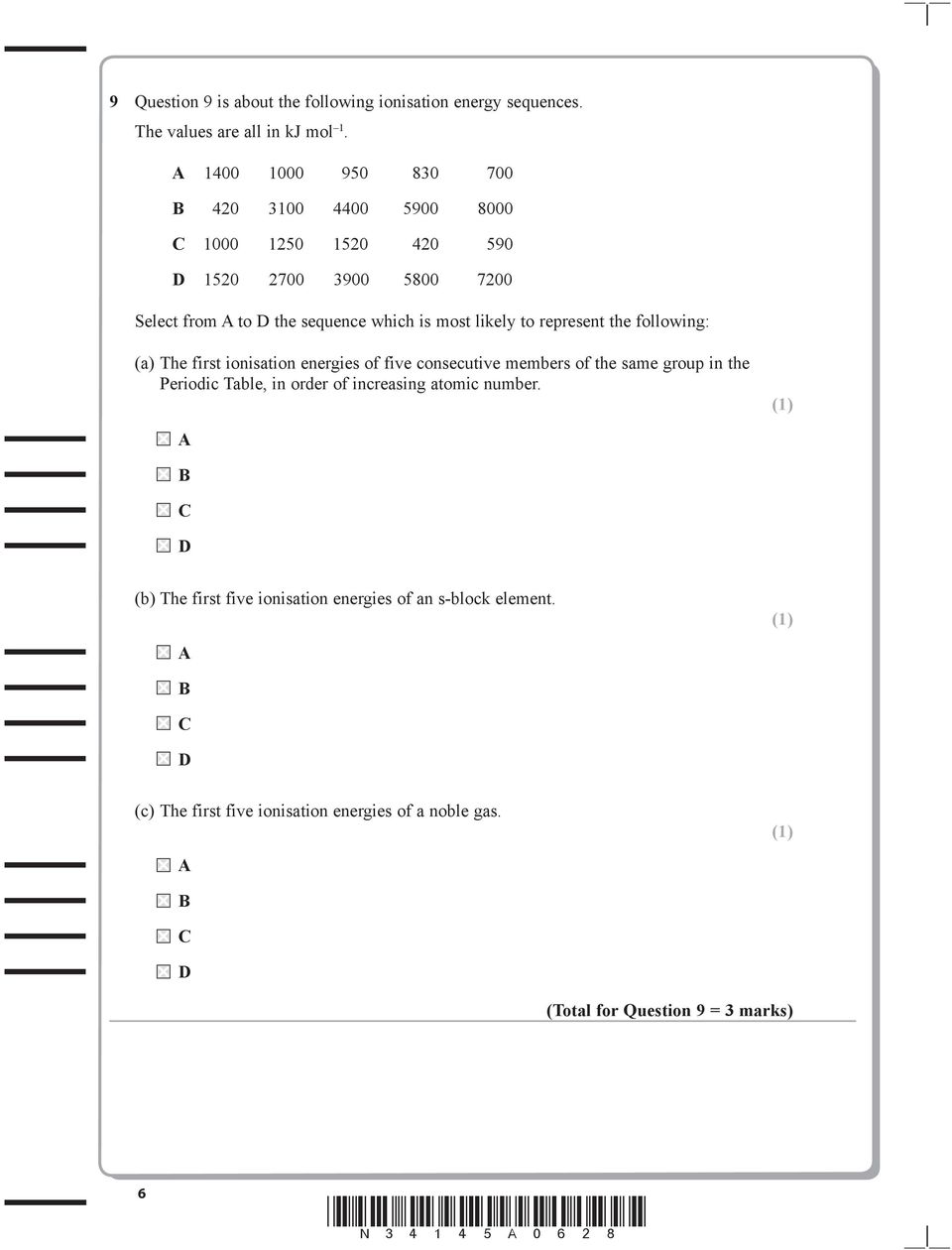 to represent the following: (a) The first ionisation energies of five consecutive members of the same group in the Periodic Table, in order of