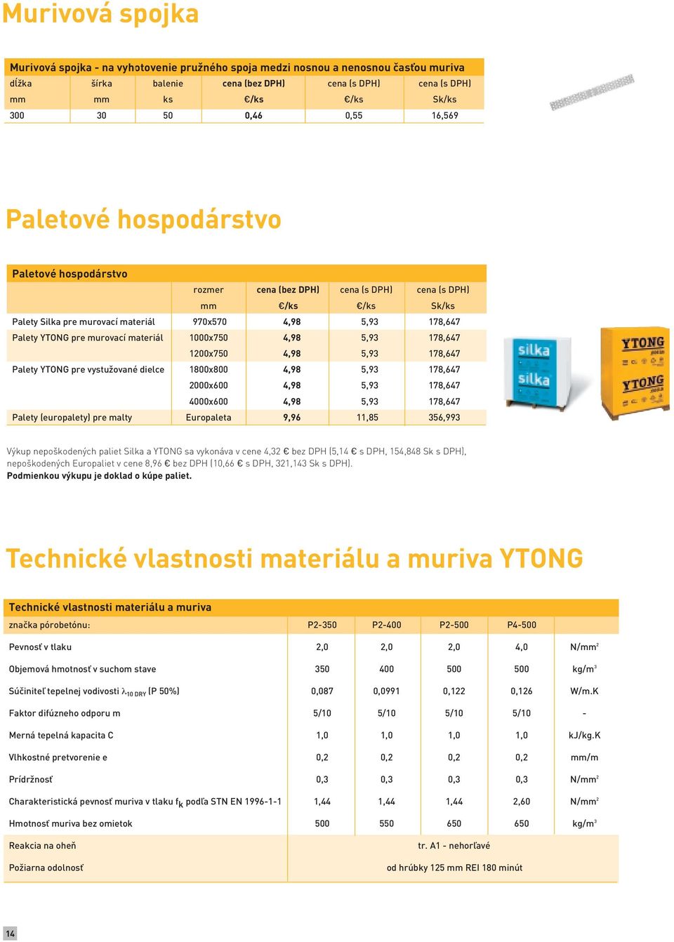 YTONG pre murovací materiál 1000x750 4,98 5,93 178,647 1200x750 4,98 5,93 178,647 Palety YTONG pre vystužované dielce 1800x800 4,98 5,93 178,647 2000x600 4,98 5,93 178,647 4000x600 4,98 5,93 178,647