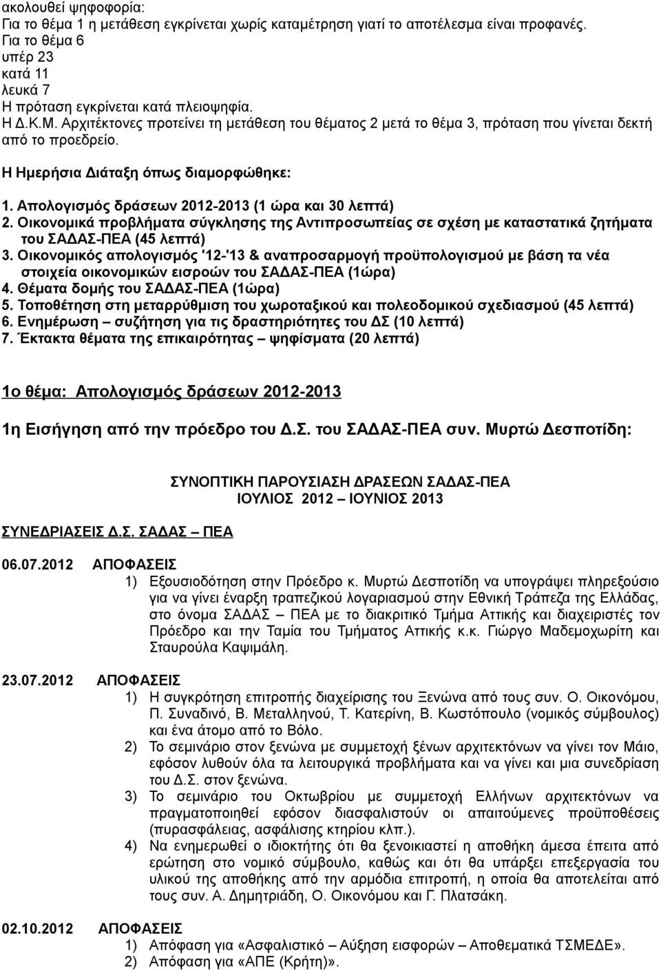 Απολογισμός δράσεων 2012-2013 (1 ώρα και 30 λεπτά) 2. Οικονομικά προβλήματα σύγκλησης της Αντιπροσωπείας σε σχέση με καταστατικά ζητήματα του ΣΑΔΑΣ-ΠΕΑ (45 λεπτά) 3.