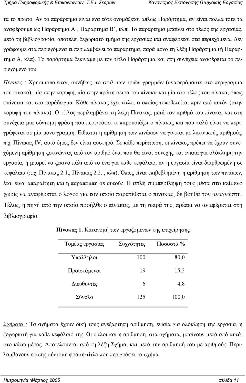 εν γράφουµε στα περιεχόµενα τι περιλαµβάνει το παράρτηµα, παρά µόνο τη λέξη Παράρτηµα (ή Παράρτηµα Α, κλπ). Το παράρτηµα ξεκινάµε µε τον τίτλο Παράρτηµα και στη συνέχεια αναφέρεται το περιεχόµενό του.