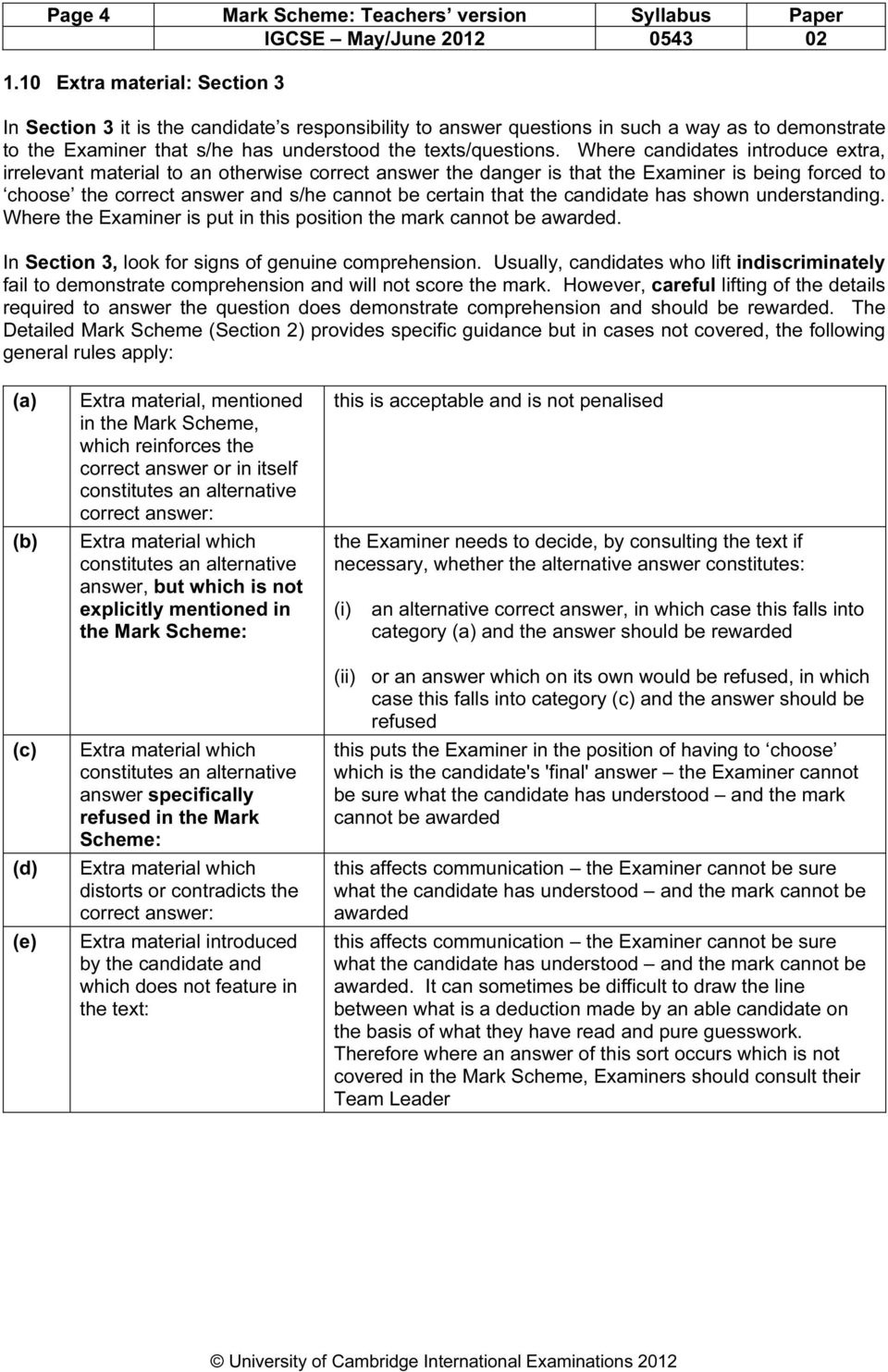 Where candidates introduce extra, irrelevant material to an otherwise correct answer the danger is that the Examiner is being forced to choose the correct answer and s/he cannot be certain that the