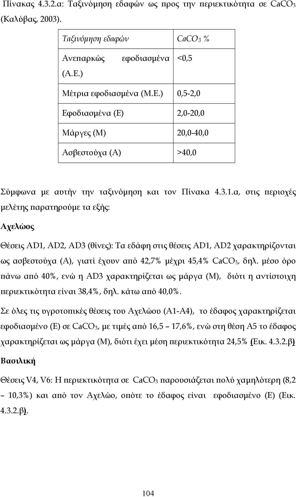 α, στις περιοχές μελέτης παρατηρούμε τα εξής: Αχελώος Θέσεις ΑD1, AD2, AD3 (θίνες): Τα εδάφη στις θέσεις AD1, AD2 χαρακτηρίζονται ως ασβεστούχα (Α), γιατί έχουν από 42,7% μέχρι 45,4% CaCO3, δηλ.