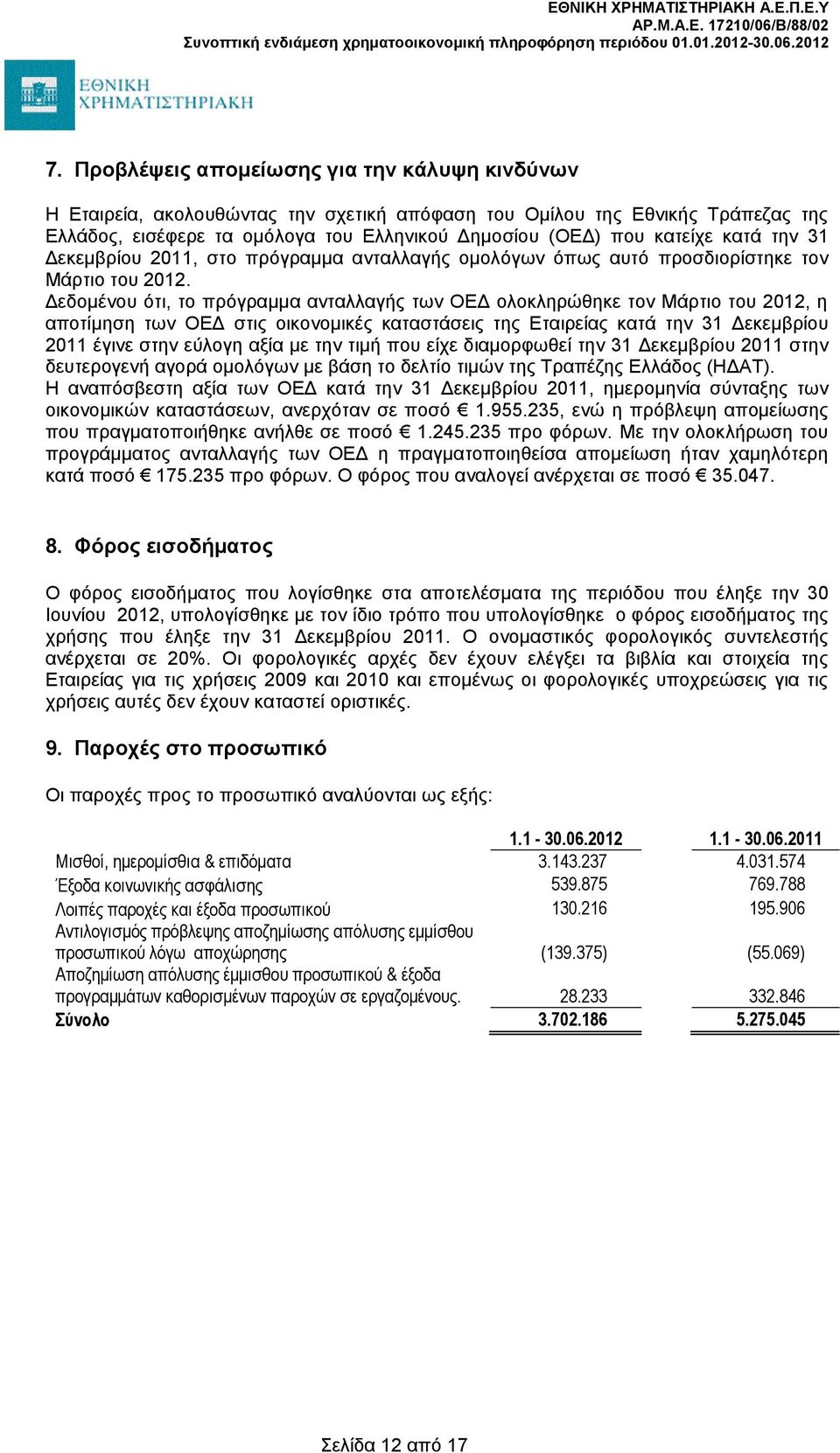 Δεδομένου ότι, το πρόγραμμα ανταλλαγής των ΟΕΔ ολοκληρώθηκε τον Μάρτιο του 2012, η αποτίμηση των ΟΕΔ στις οικονομικές καταστάσεις της Εταιρείας κατά την 31 Δεκεμβρίου 2011 έγινε στην εύλογη αξία με