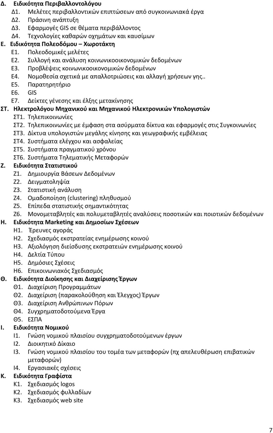 Προβλέψεις κοινωνικοοικονομικών δεδομένων Ε4. Νομοθεσία σχετικά με απαλλοτριώσεις και αλλαγή χρήσεων γης.. Ε5. Παρατηρητήριο Ε6. GIS Ε7. Δείκτες γένεσης και έλξης μετακίνησης ΣΤ.