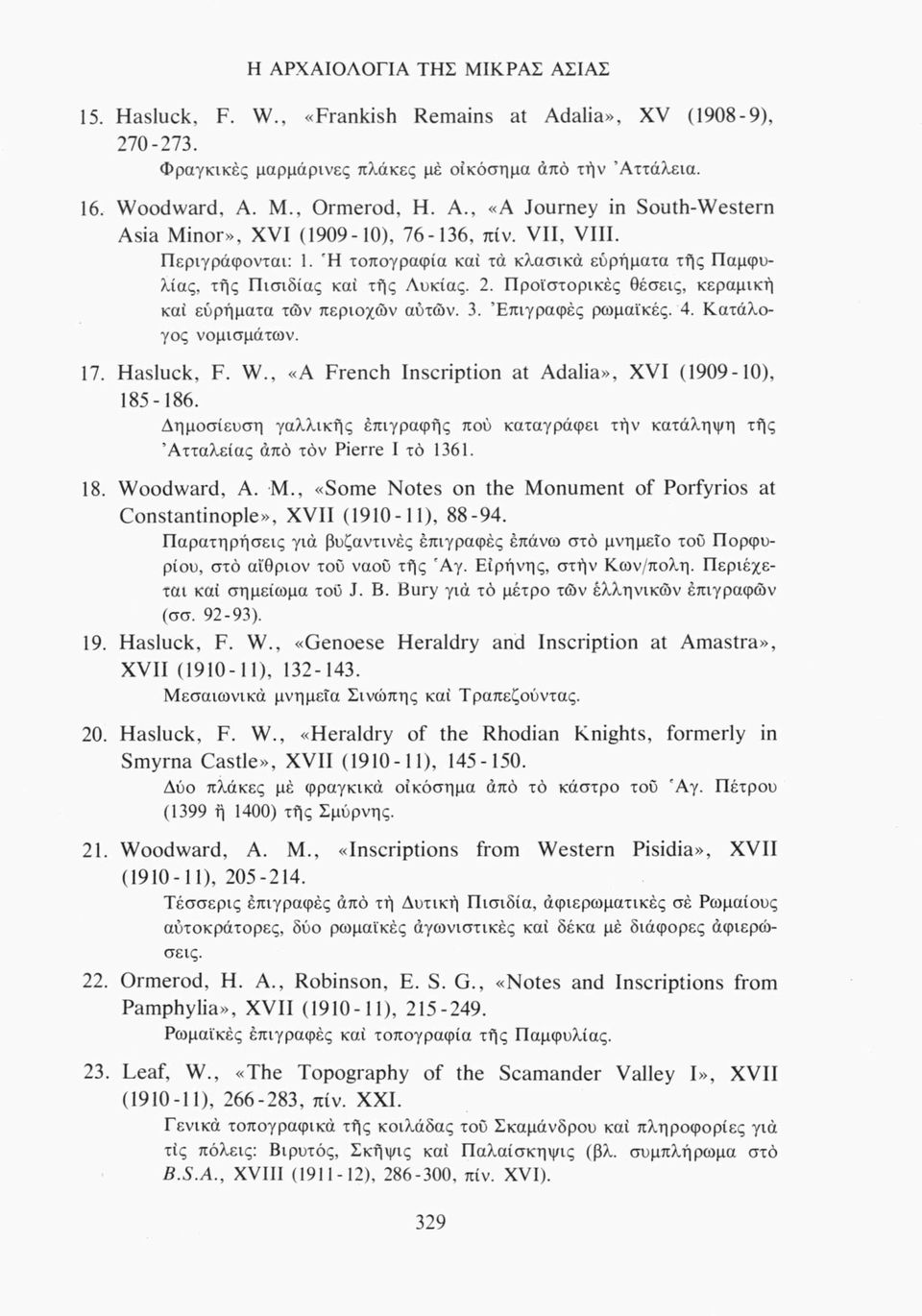 4. Κατάλογος νομισμάτων. 17. Hasluck, F. W., «A French Inscription at Adalia», XVI (1909-10), 185-186. Δημοσίευση γαλλικής έπιγραφής πού καταγράφει τήν κατάληψη τής Αττάλειας άπό τόν Pierre I το 1361.