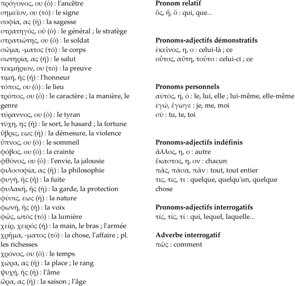 sort, le hasard ; la fortune ὕβρις, εως (ἡ) : la démesure, la violence ὕπνος, ου (ὁ) : le sommeil φόβος, ου (ὁ) : la crainte φθόνος, ου (ὁ) : l'envie, la jalousie φιλοσοφία, ας (ἡ) : la philosophie