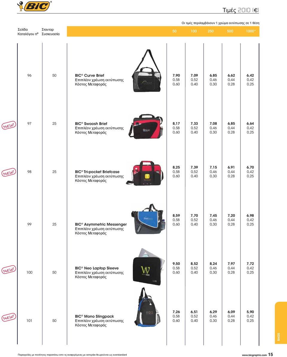 8,59 7,70 7,45 7,20 6,98 100 BIC Neo Laptop Sleeve 9, 8,52 8,24 7,97 7,72 101 BIC Mono Slingpack 7,26 6,51 6,29 6,09