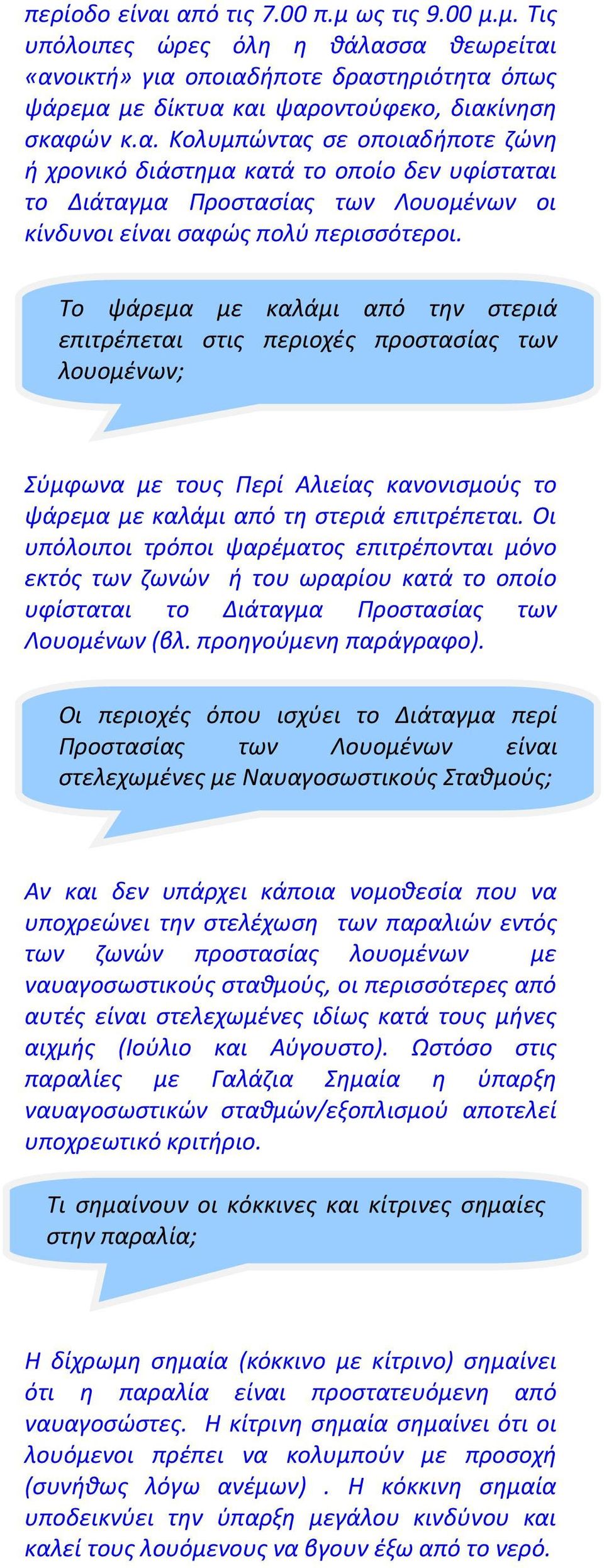 Οι υπόλοιποι τρόποι ψαρέματος επιτρέπονται μόνο εκτός των ζωνών ή του ωραρίου κατά το οποίο υφίσταται το Διάταγμα Προστασίας των Λουομένων (βλ. προηγούμενη παράγραφο).