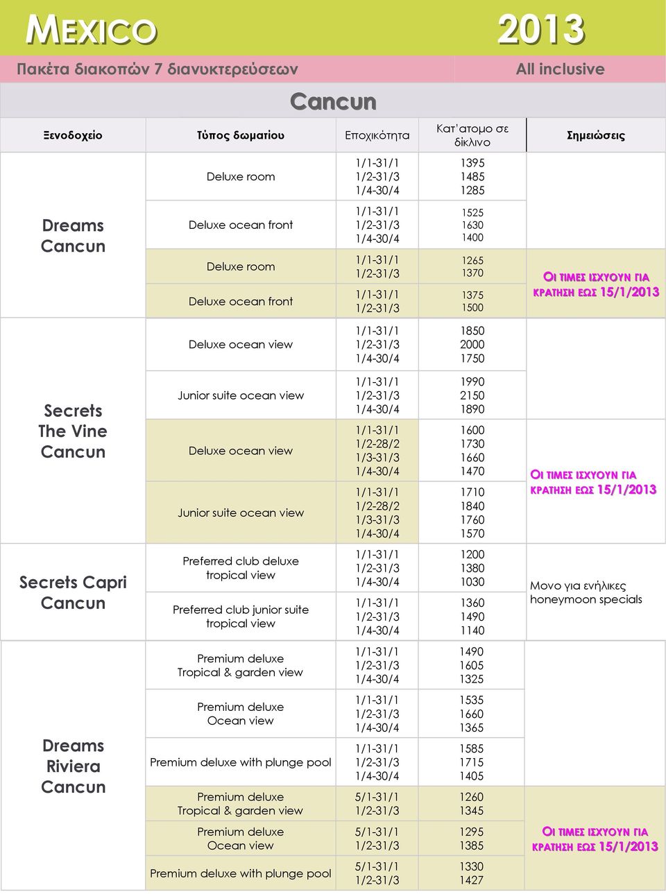ΟΙ ΤΙΜΕΣ ΙΣΧΥΟΥΝ ΓΙΑ 1710 ΚΡΑΤΗΣΗ ΕΩΣ 15/1/2013 1840 1760 1570 Secrets Capri Preferred club deluxe tropical view Preferred club junior suite tropical view 1200 1380 1030 Μονο για ενήλικες 1360