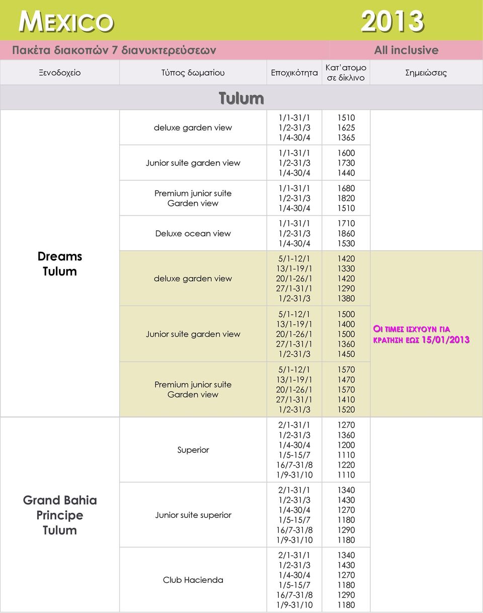 27/1-31/1 5/1-12/1 13/1-19/1 20/1-26/1 27/1-31/1 Κατ ατομο σε δίκλινο 1510 1625 1365 1600 1730 1440 1680 1820 1510 1710 1860 1530 1420 1330 1420 1290 1380 1500 1400 1500
