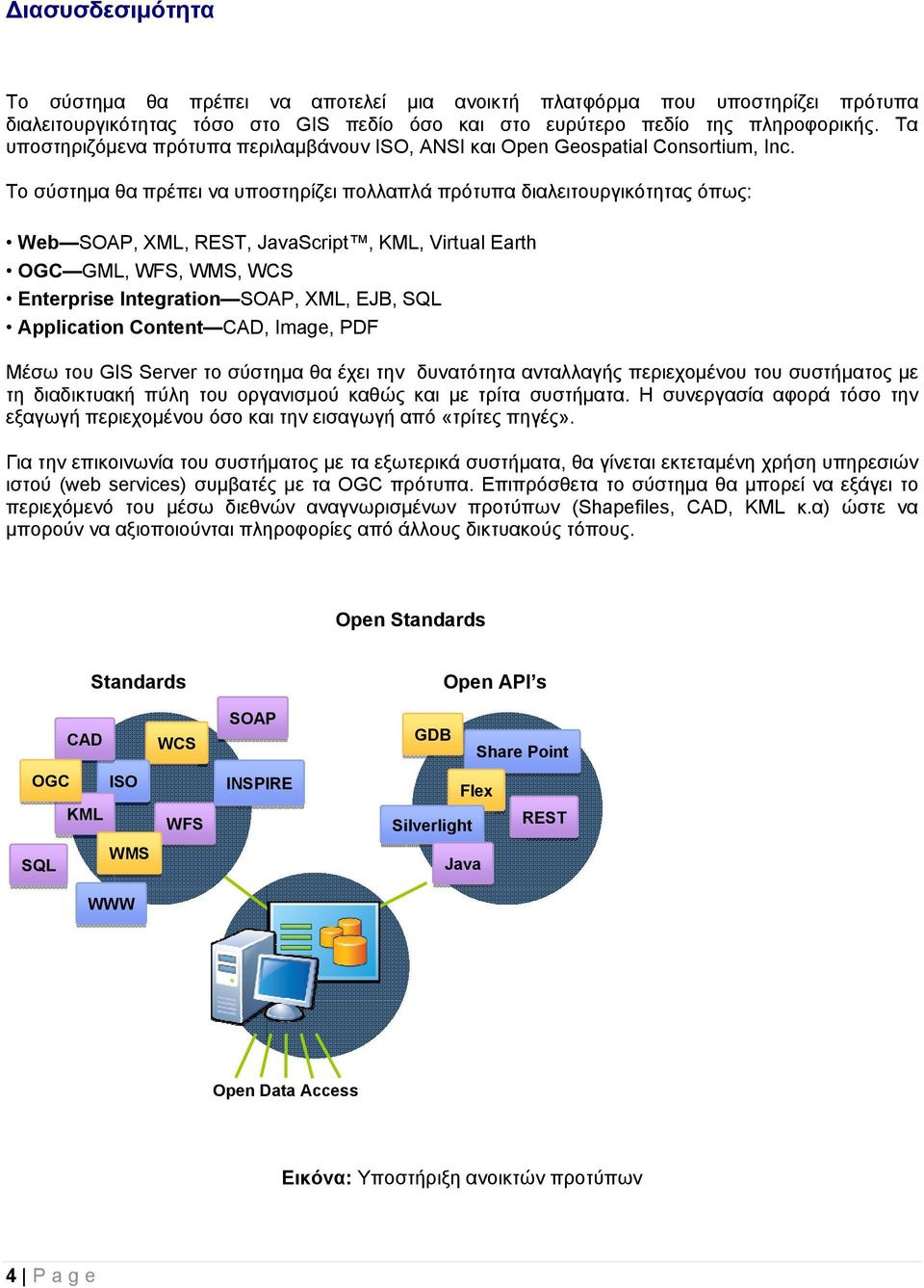 Το σύστημα θα πρέπει να υποστηρίζει πολλαπλά πρότυπα διαλειτουργικότητας όπως: Web SOAP, XML, REST, JavaScript, KML, Virtual Earth OGC GML, WFS, WMS, WCS Enterprise Integration SOAP, XML, EJB, SQL