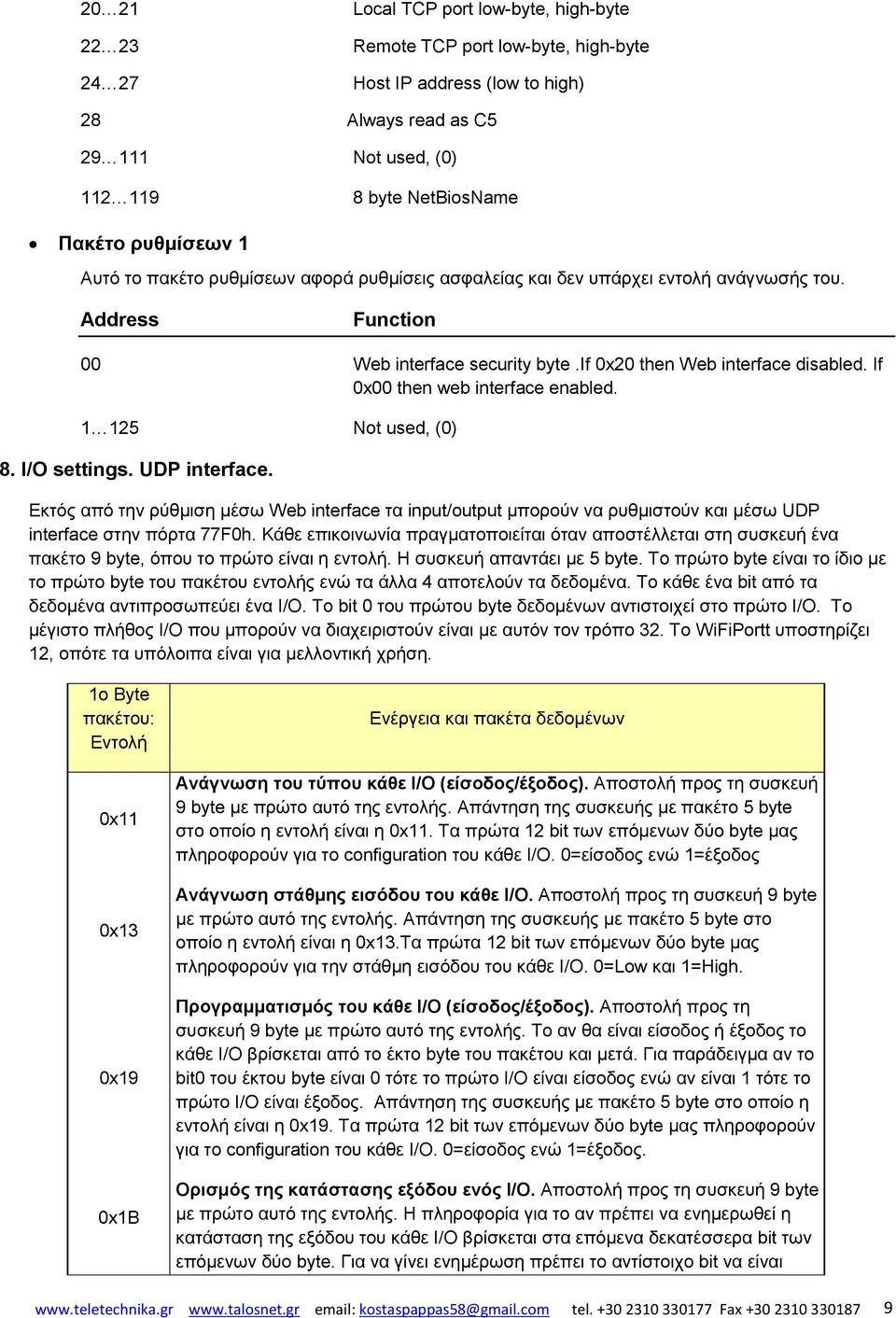 If 0x00 then web interface enabled. 1 125 Not used, (0) 8. Ι/Ο settings. UDP interface.