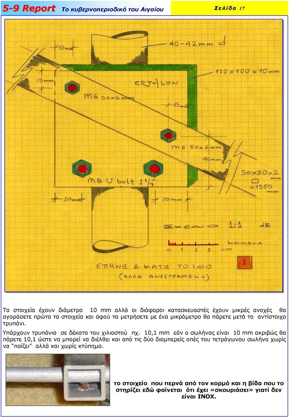 10,1 mm εάν ο σωλήνας είναι 10 mm ακριβώς θα πάρετε 10,1 ώστε να µπορεί να διέλθει και από τις δύο διαµπερείς οπές του τετράγωνου σωλήνα