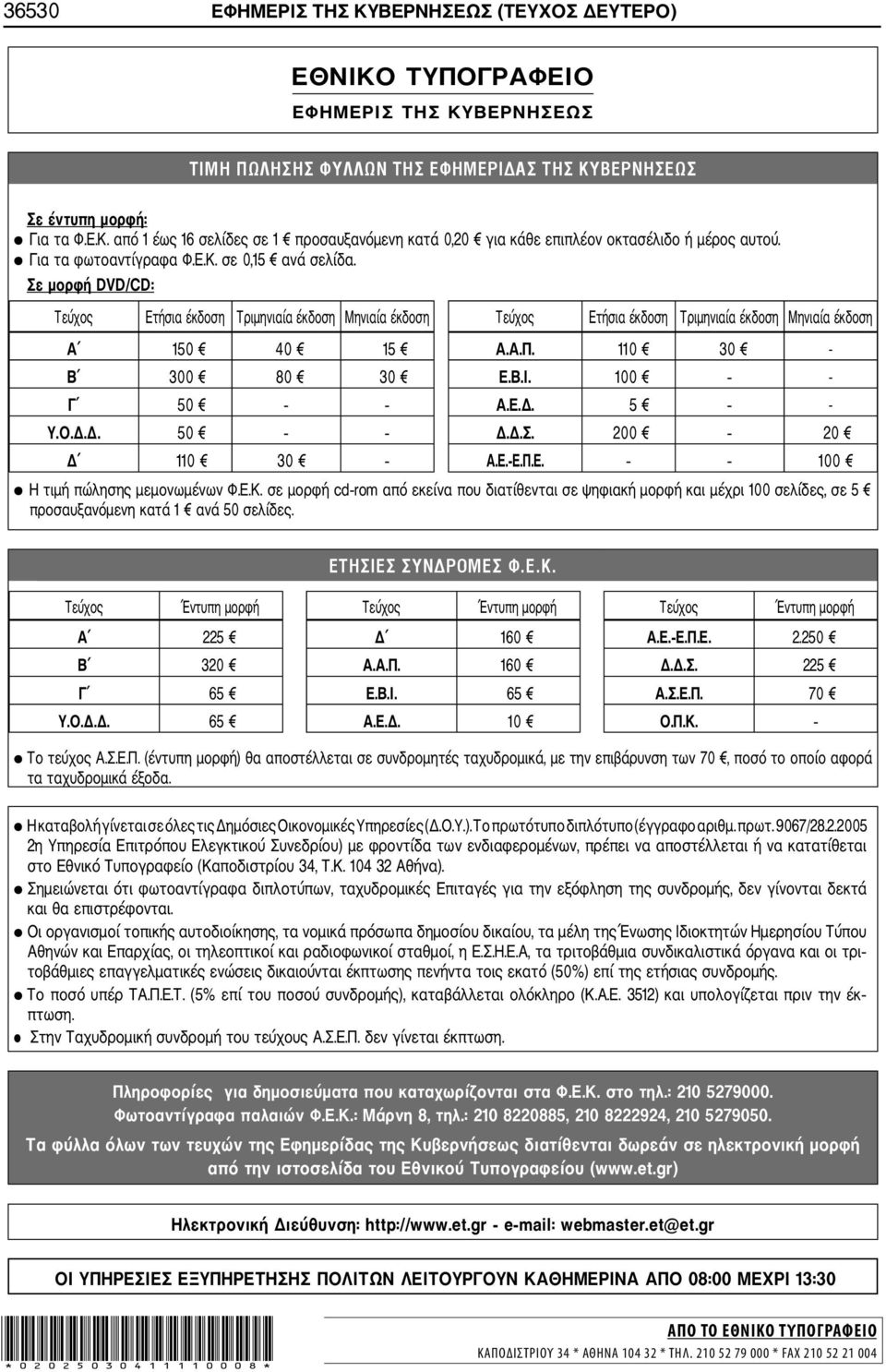 110 30 - Β 300 80 30 Ε.Β.Ι. 100 - Γ 50 Α.Ε.Δ. 5 - Υ.Ο.Δ.Δ. 50 Δ.Δ.Σ. 200 20 Δ 110 30 Α.Ε. Ε.Π.Ε. 100 Η τιμή πώλησης μεμονωμένων Φ.Ε.Κ.