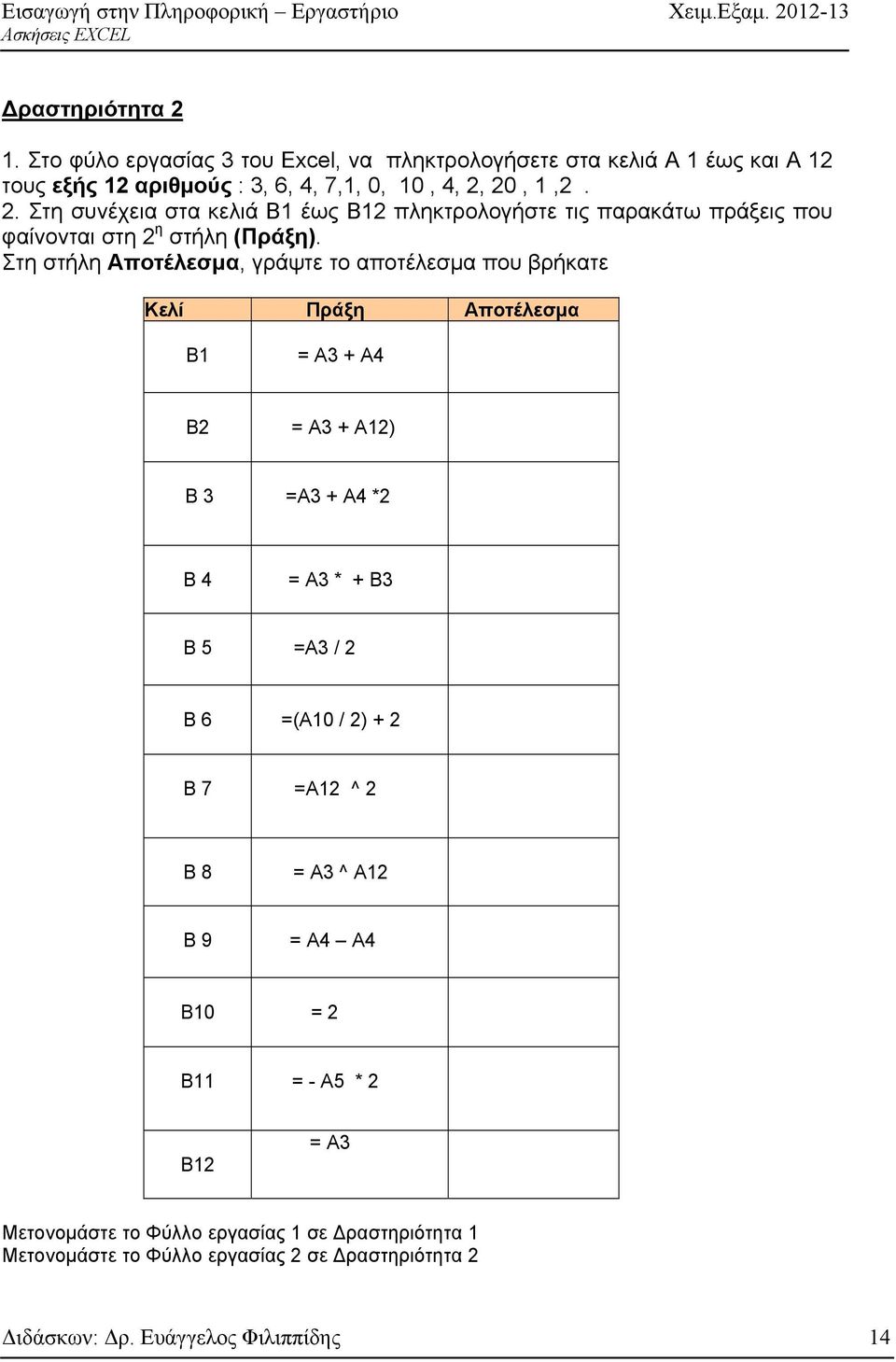 2) + 2 Β 7 =A12 ^ 2 Β 8 = Α3 ^ Α12 Β 9 = Α4 Α4 Β10 = 2 Β11 = - Α5 * 2 Β12 = Α3 Μετονομάστε το Φύλλο εργασίας 1 σε ραστηριότητα 1 Μετονομάστε το Φύλλο εργασίας 2