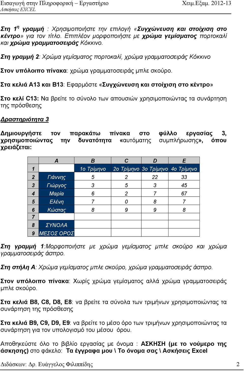 Στα κελιά Α13 και Β13: Εφαρμόστε «Συγχώνευση και στοίχιση στο κέντρο» Στο κελί C13: Να βρείτε το σύνολο των απουσιών χρησιμοποιώντας τα συνάρτηση της πρόσθεσης ραστηριότητα 3 ημιουργήστε τον παρακάτω