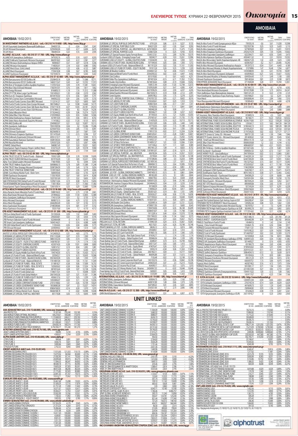 Διαθεσίμων 3948337,35 0-0,04 5,347 5,347 3Κ Α/Κ Μετοχικό Εσωτερικού 52394360,06 0,43 4,17 6,606 6,476 3Κ Α/Κ Μικτό 7860843,34 0,22 3,16 2,634 2,595 ALLIANZ Α.Ε.Δ.Α.Κ. - τηλ.