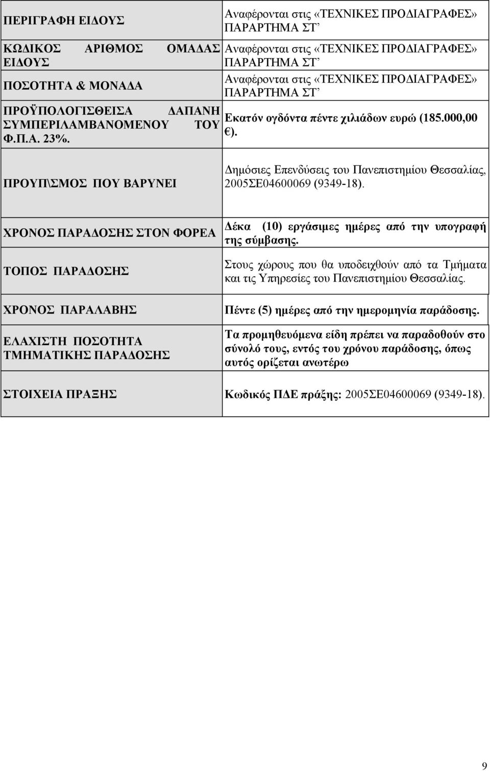 (185.000,00 ). ΠΡΟΥΠ\ΣΜΟΣ ΠΟΥ ΒΑΡΥΝΕΙ Δημόσιες Επενδύσεις του Πανεπιστημίου Θεσσαλίας, 2005ΣΕ04600069 (9349-18).