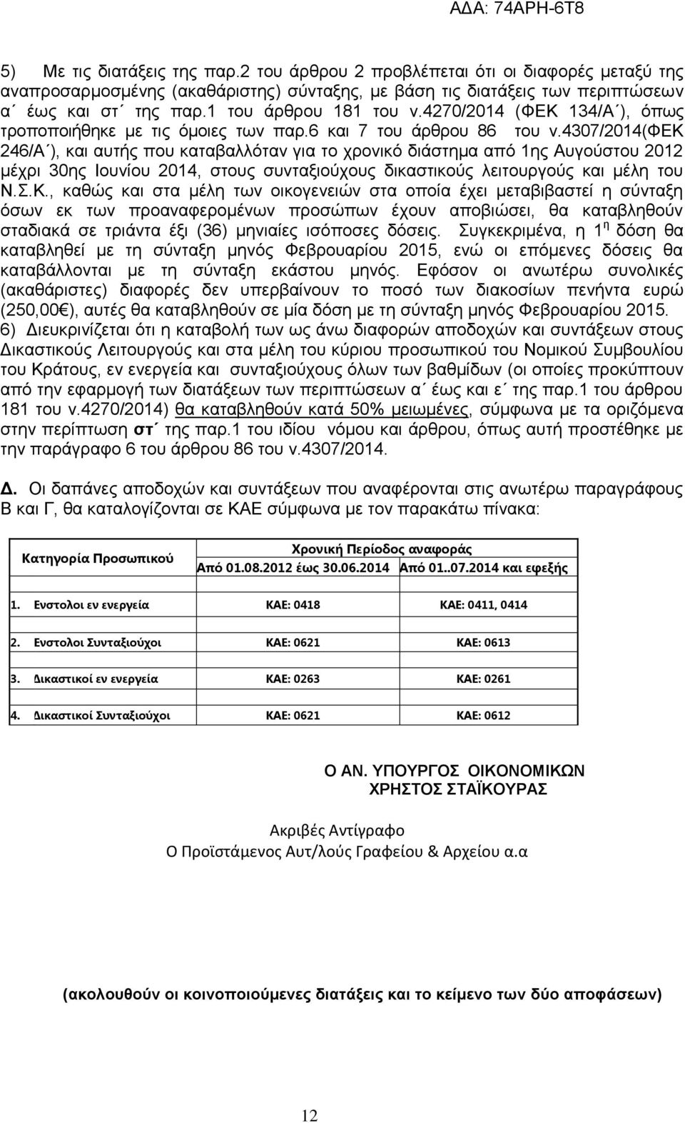 4307/2014(φεκ 246/Α ), και αυτής που καταβαλλόταν για το χρονικό διάστημα από 1ης Αυγούστου 2012 μέχρι 30ης Ιουνίου 2014, στους συνταξιούχους δικαστικούς λειτουργούς και μέλη του Ν.Σ.Κ.