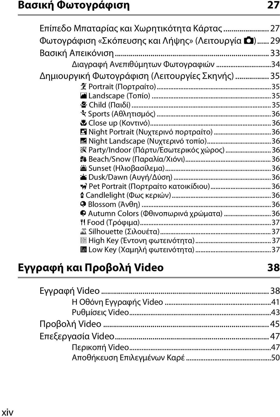 ..36 o Night Portrait (Νυχτερινό πορτραίτο)...36 r Night Landscape (Νυχτερινό τοπίο)...36 s Party/Indoor (Πάρτυ/Εσωτερικός χώρος)...36 t Beach/Snow (Παραλία/Χιόνι)...36 u Sunset (Ηλιοβασίλεμα).