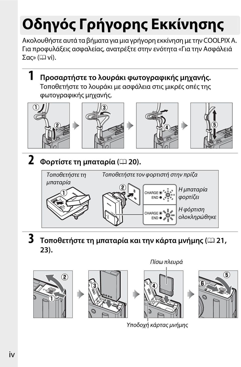 Τοποθετήστε το λουράκι με ασφάλεια στις μικρές οπές της φωτογραφικής μηχανής. 2 Φορτίστε τη μπαταρία (0 20).