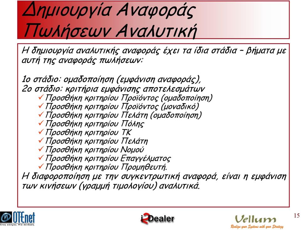 Προσθήκη κριτηρίου Πελάτη (οµαδοποίηση) Προσθήκη κριτηρίου Πόλης Προσθήκη κριτηρίου ΤΚ Προσθήκη κριτηρίου Πελάτη Προσθήκη κριτηρίου Νοµού Προσθήκη