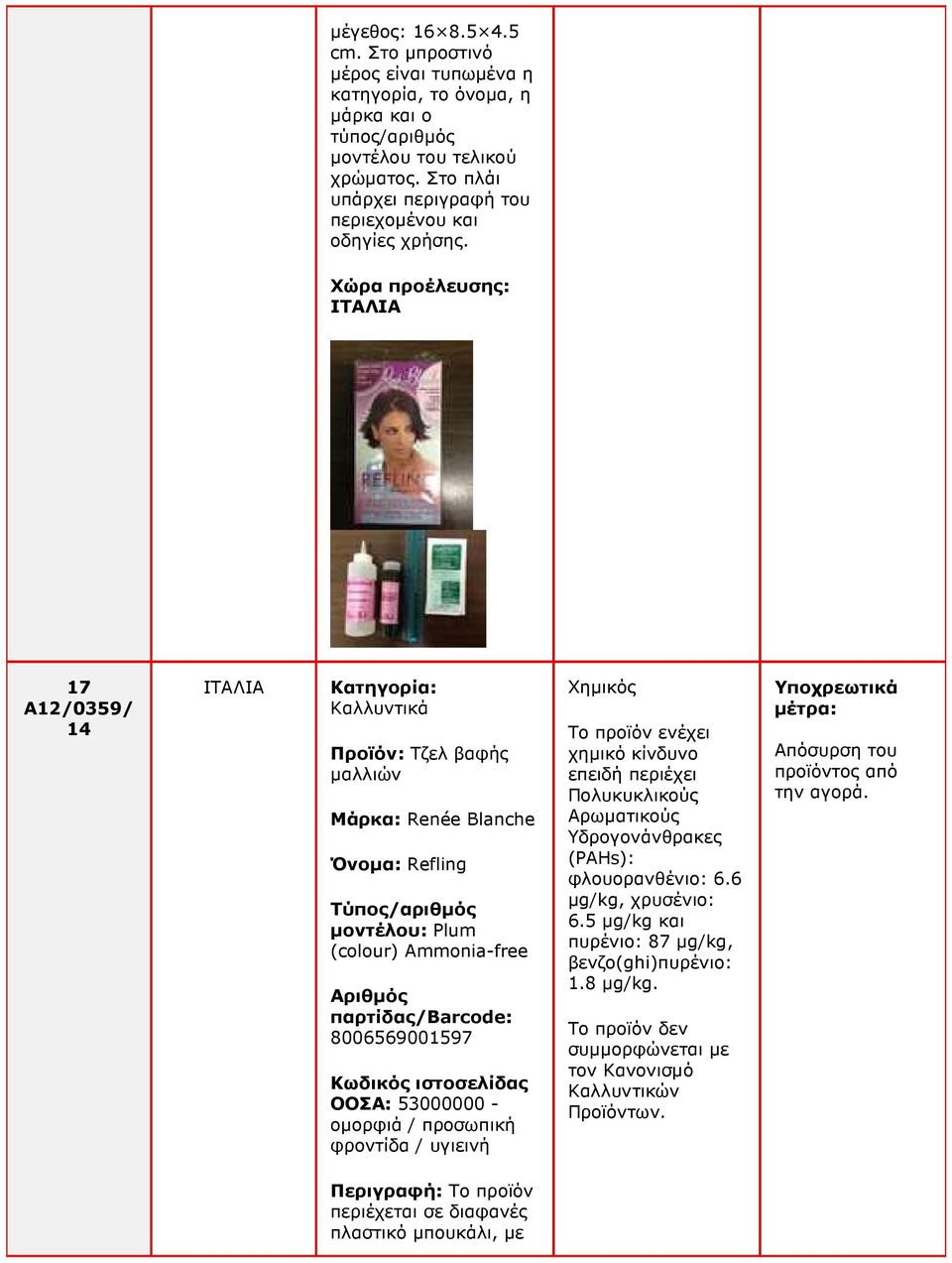 ΙΤΑΛΙΑ 17 A12/0359/ ΙΤΑΛΙΑ Κατηγορία: Καλλυντικά Προϊόν: Τζελ βαφής µαλλιών Μάρκα: Renée Blanche Όνοµα: Refling µοντέλου: Plum (colour) Ammonia-free 8006569001597 ΟΟΣΑ: 53000000