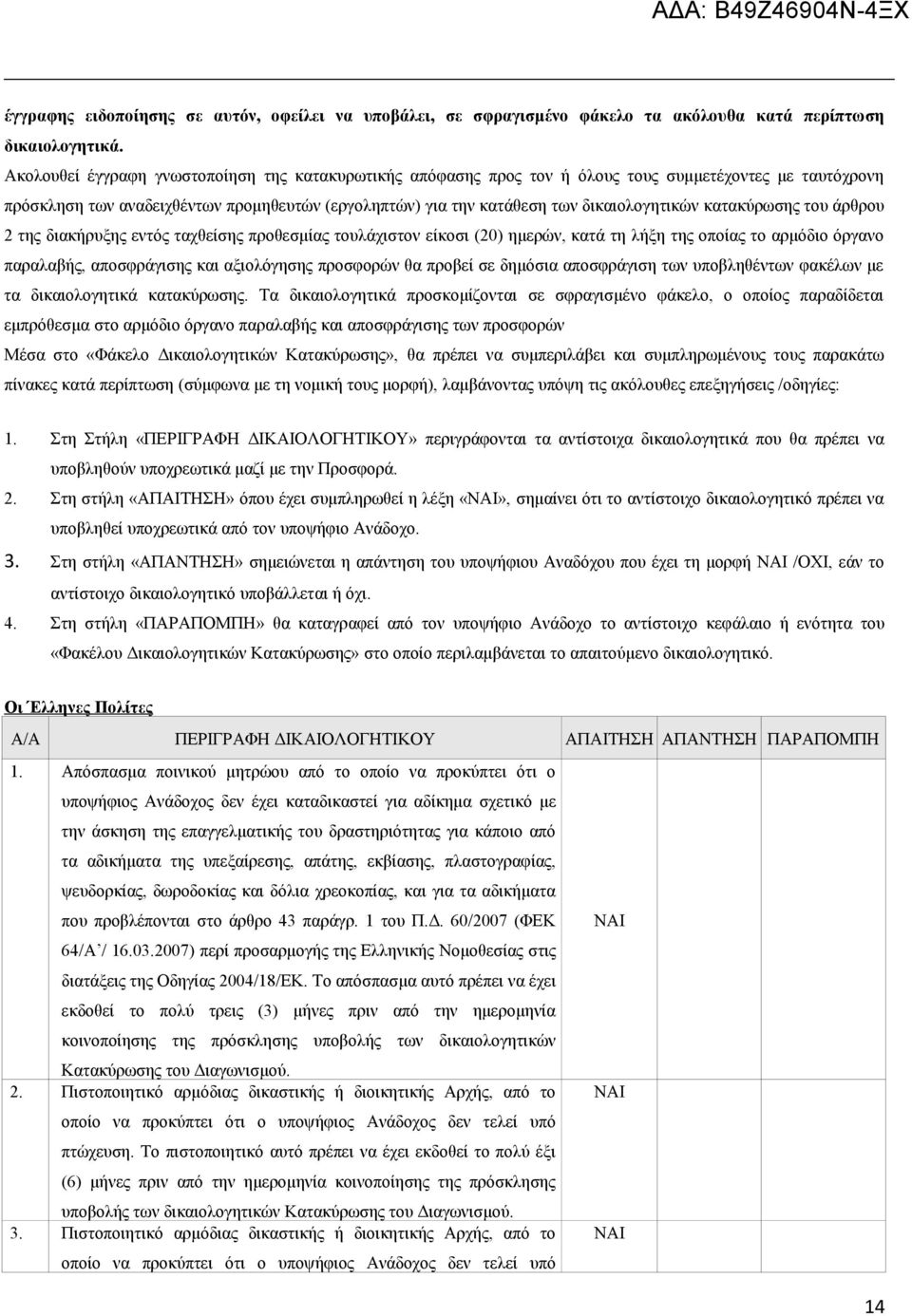 κατακύρωσης του άρθρου 2 της διακήρυξης εντός ταχθείσης προθεσμίας τουλάχιστον είκοσι (20) ημερών, κατά τη λήξη της οποίας το αρμόδιο όργανο παραλαβής, αποσφράγισης και αξιολόγησης προσφορών θα