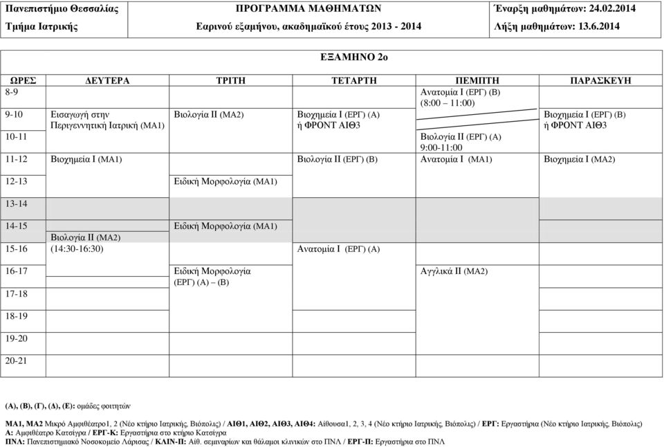 (ΜΑ1) Βιολογία ΙΙ (ΕΡΓ) (Β) Ανατομία Ι (ΜΑ1) Βιοχημεία Ι (ΜΑ2) 12-13 Ειδική Μορφολογία (ΜΑ1) 13-14 14-15 Ειδική