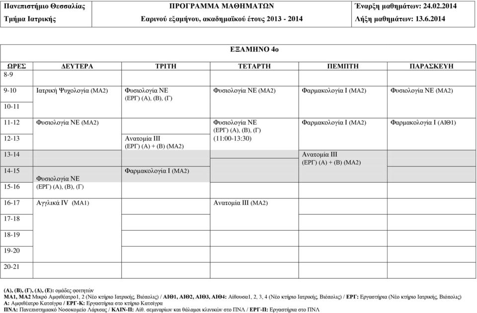 (ΕΡΓ) (Α), (Β), (Γ) 12-13 Ανατομία ΙΙΙ (11:00-13:30) (ΕΡΓ) (Α) + (Β) (ΜΑ2) 13-14 Ανατομία ΙΙΙ (ΕΡΓ) (Α) + (Β)