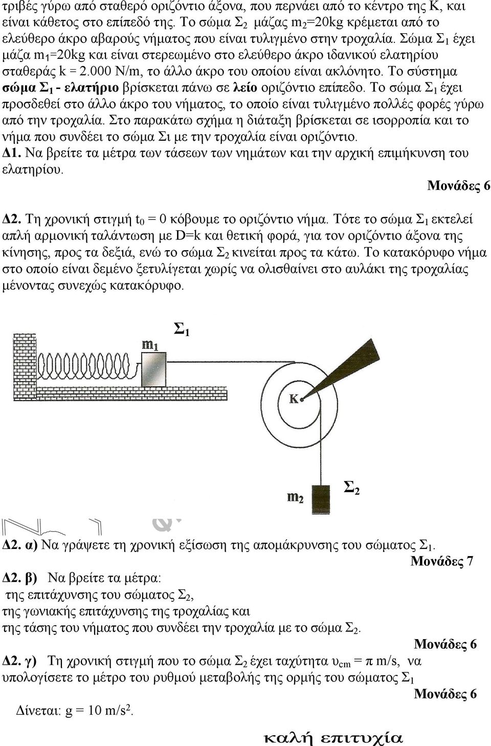 Σώμα Σ 1 έχει μάζα m 1 =0kg και είναι στερεωμένο στο ελεύθερο άκρο ιδανικού ελατηρίου σταθεράς k =.000 N/m, το άλλο άκρο του οποίου είναι ακλόνητο.