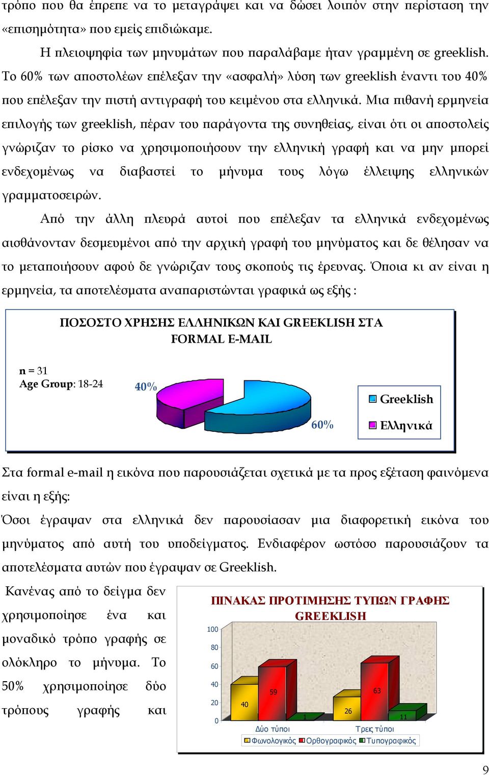 Μια πιθανή ερµηνεία επιλογής των greeklish, πέραν του παράγοντα της συνηθείας, είναι ότι οι αποστολείς γνώριζαν το ρίσκο να χρησιµοποιήσουν την ελληνική γραφή και να µην µπορεί ενδεχοµένως να