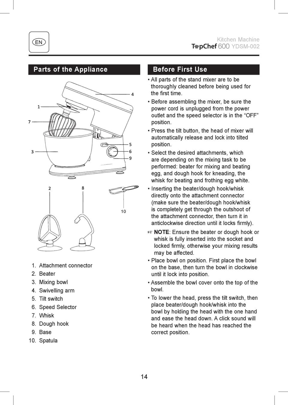 Before assembling the mixer, be sure the power cord is unplugged from the power outlet and the speed selector is in the OFF position.