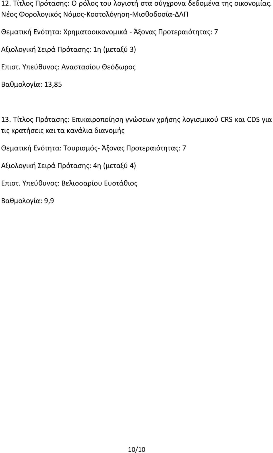 1η (μεταξύ 3) Επιστ. Υπεύθυνος: Αναστασίου Θεόδωρος Βαθμολογία: 13,85 13.