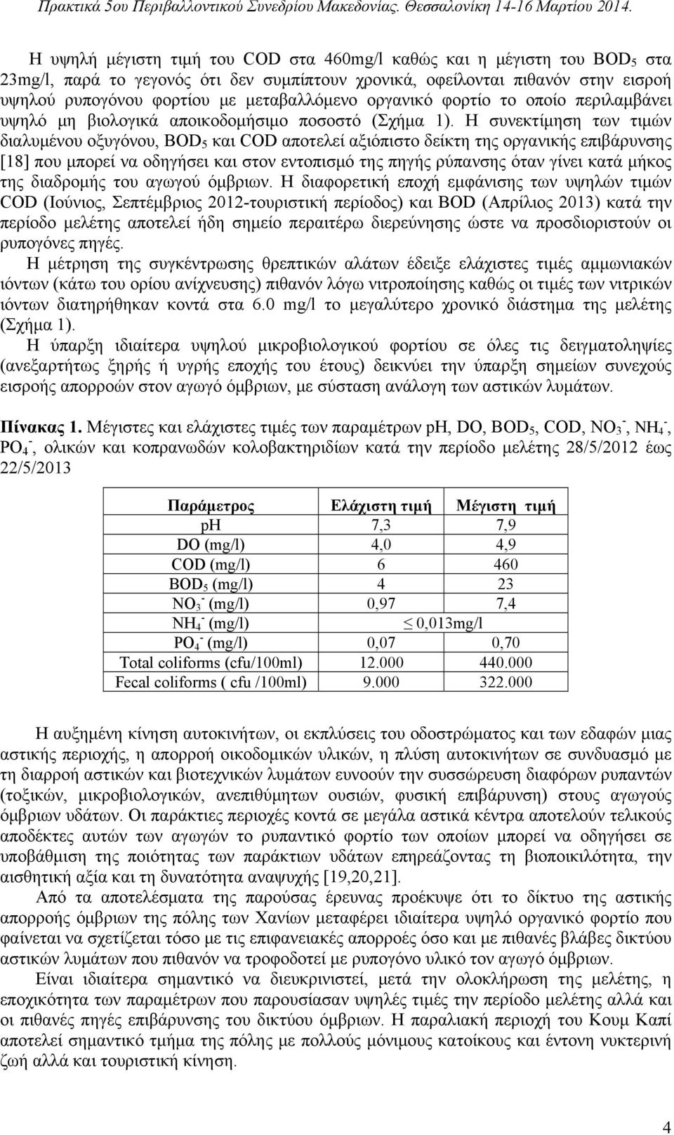 Η συνεκτίμηση των τιμών διαλυμένου οξυγόνου, BOD 5 και COD αποτελεί αξιόπιστο δείκτη της οργανικής επιβάρυνσης [18] που μπορεί να οδηγήσει και στον εντοπισμό της πηγής ρύπανσης όταν γίνει κατά μήκος