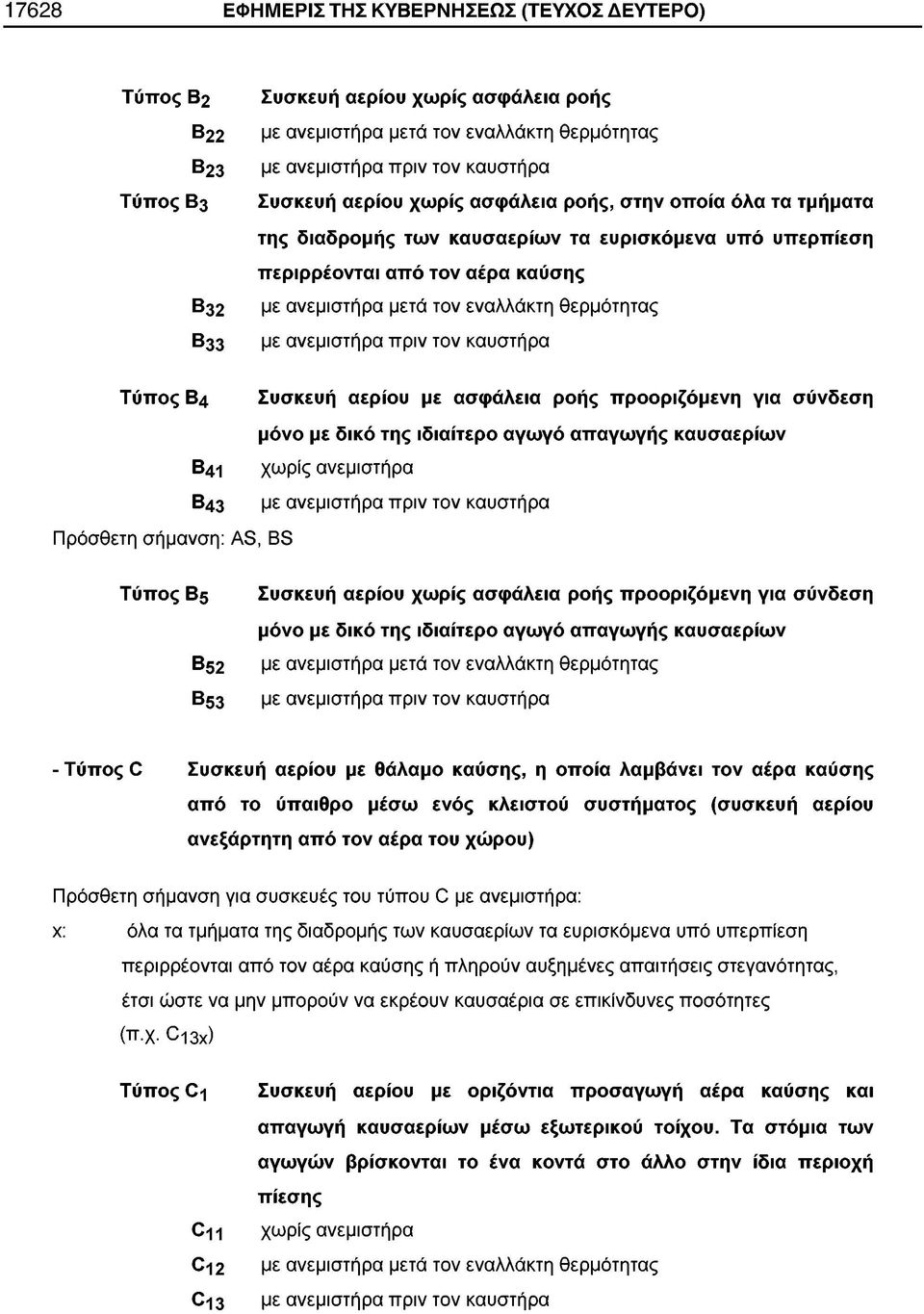 ανεμιστήρα πριν τον καυστήρα Τύπος Β4 Β41 Β43 Συσκευή αερίου με ασφάλεια ροής προοριζόμενη για σύνδεση μόνο με δικό της ιδιαίτερο αγωγό απαγωγής καυσαερίων χωρίς ανεμιστήρα με ανεμιστήρα πριν τον