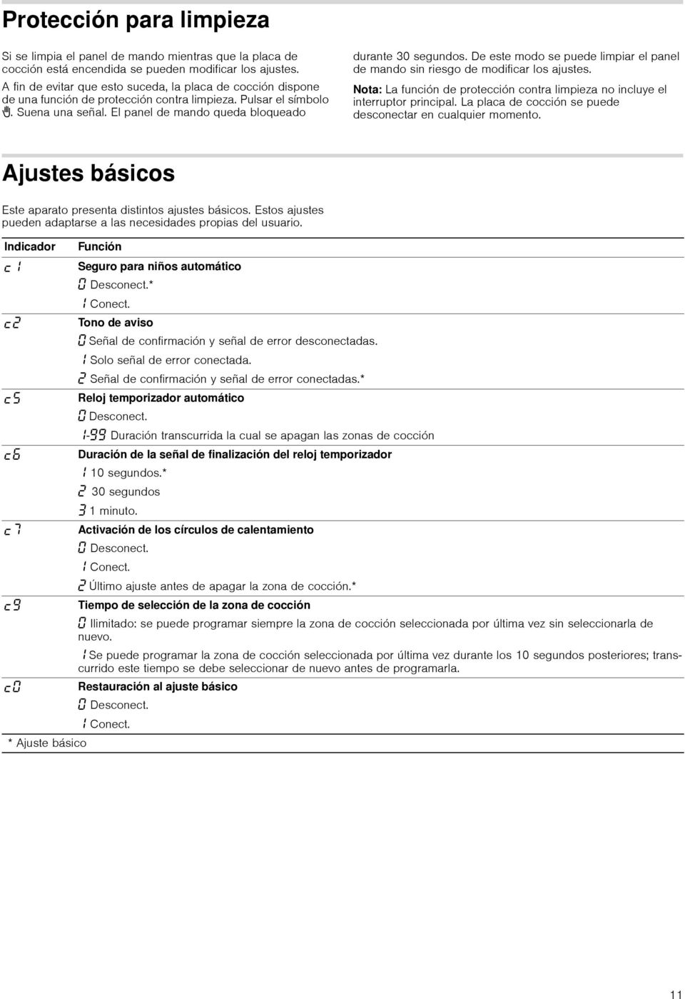 De este modo se puede limpiar el panel de mando sin riesgo de modificar los ajustes. Nota: La función de protección contra limpieza no incluye el interruptor principal.